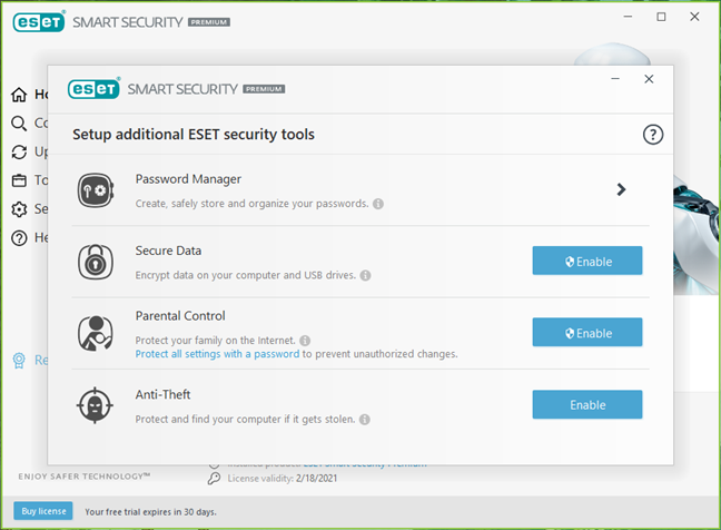 Choosing the additional ESET security tools to enable