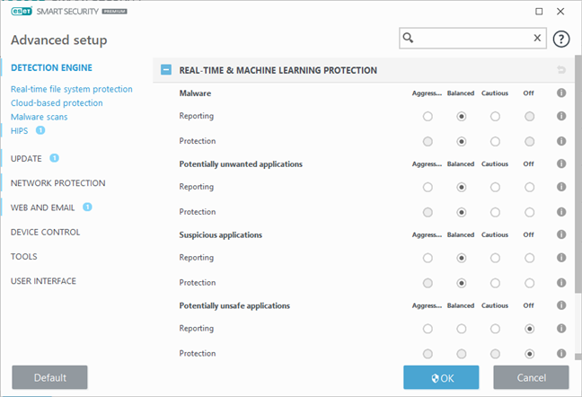 The advanced settings available in ESET Smart Security Premium