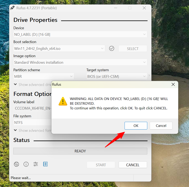 The USB drive will be erased
