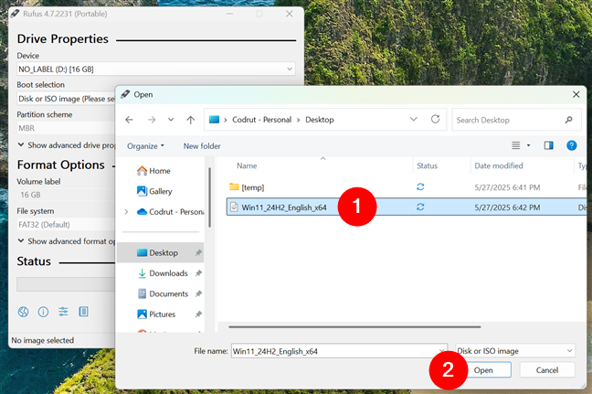 Selecting an ISO file with an operating system