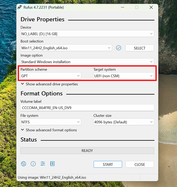 Rufus set for installing Windows on a PC with UEFI and GPT