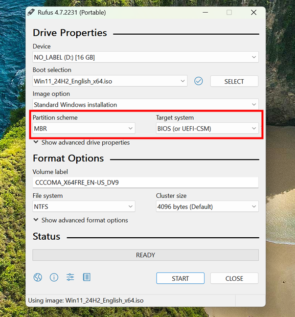 Rufus set for installing Windows on a PC with BIOS and MBR