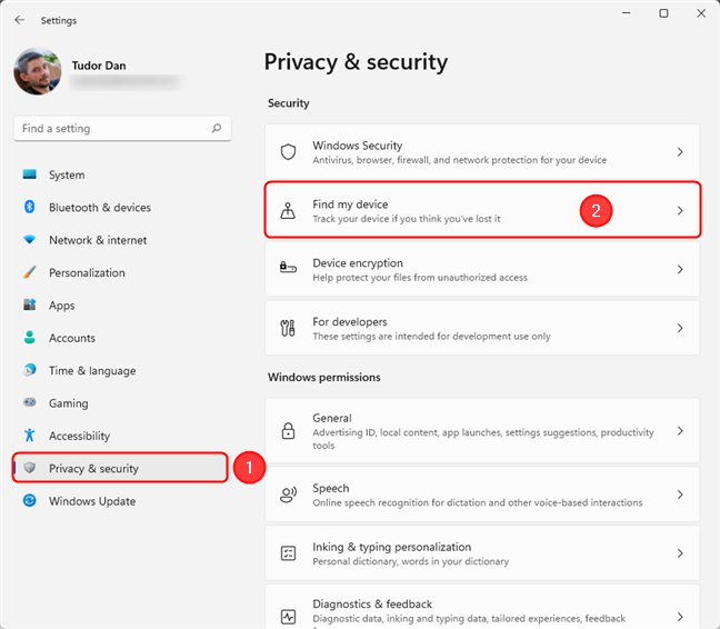 Access the Find my device setting in Windows 11