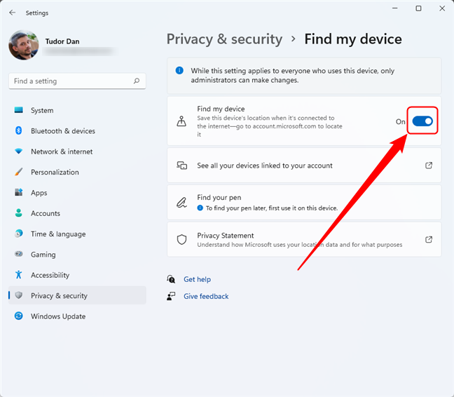 Toggle the switch to enable or disable Find my device on Windows 11