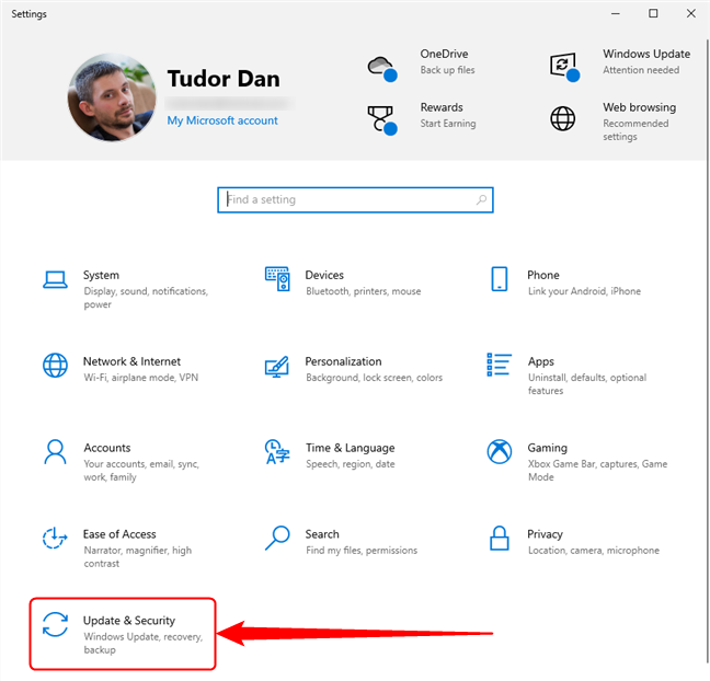 Go to Update & Security in Windows 10 Settings