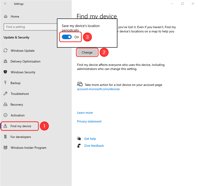 Enabling Find my device on Windows 10