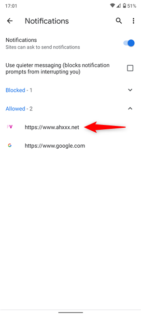 Find the site sending Chrome push notifications and tap on it