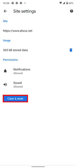Press on Clear & reset to turn off Chrome notifications on Android for a specific site