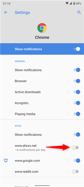 Press the switch to stop the Chrome notifications spam sent by the website next to it