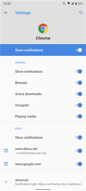The Chrome Notifications settings screen