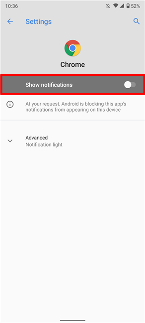 Disable the option to completely stop Chrome notifications on Android