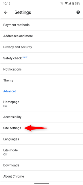 Access Site settings from Chrome's Settings
