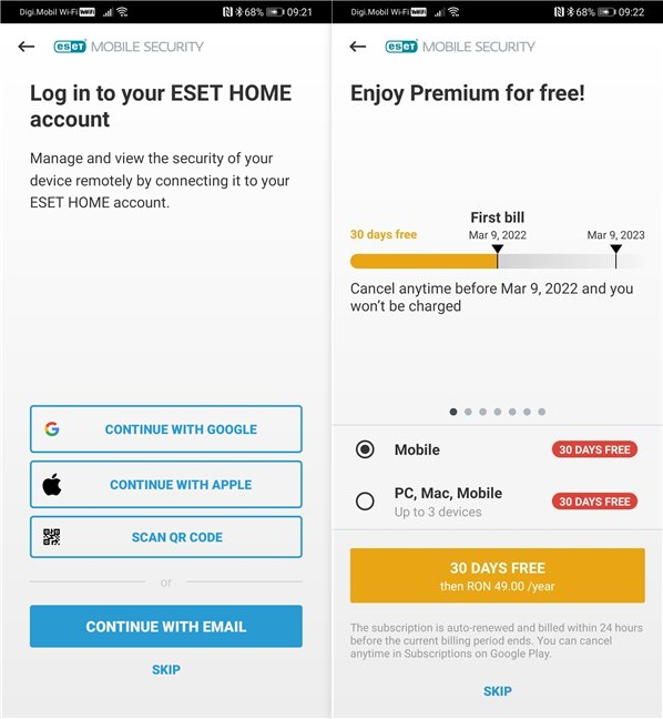 Choose how to log in to ESET and see the benefits of a Premium subscription