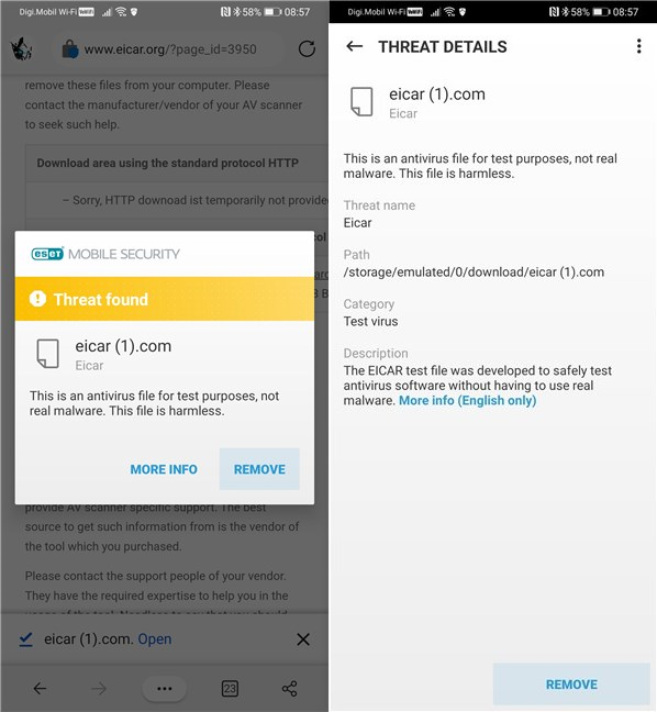 ESET real-time protection detecting malware