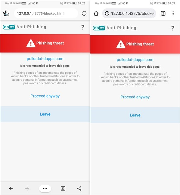 ESET Mobile Security blocking a phishing website