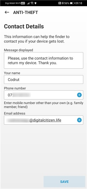 Contact Details in ESET's Anti-Theft