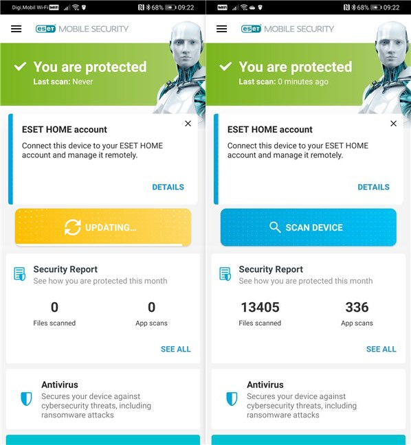 ESET updates its database and runs the first system scan