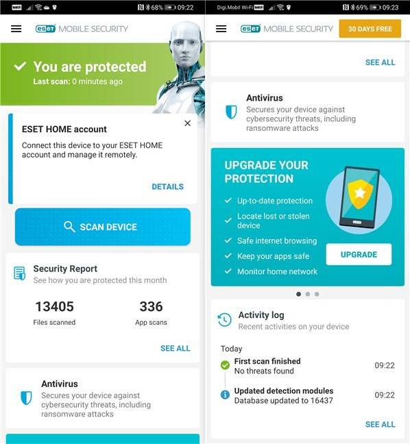 The dashboard of ESET Mobile Security