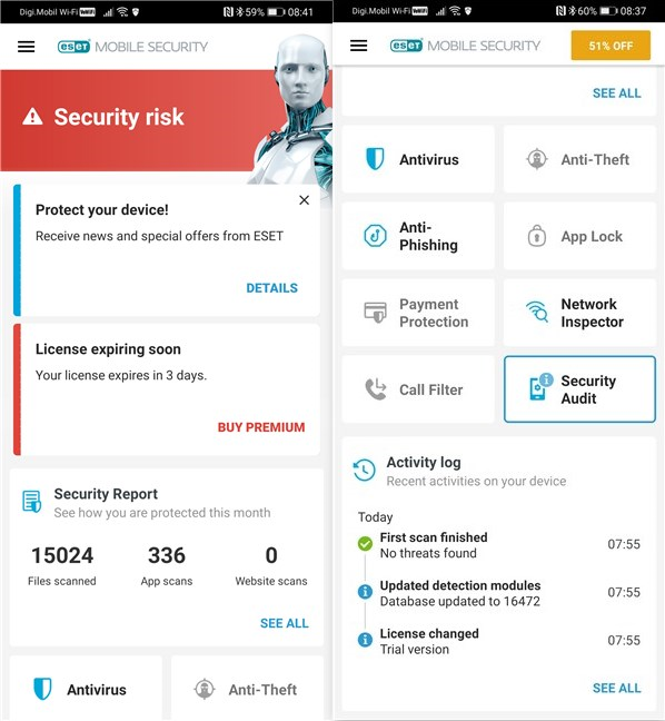 Warnings and modules from ESET Mobile Security