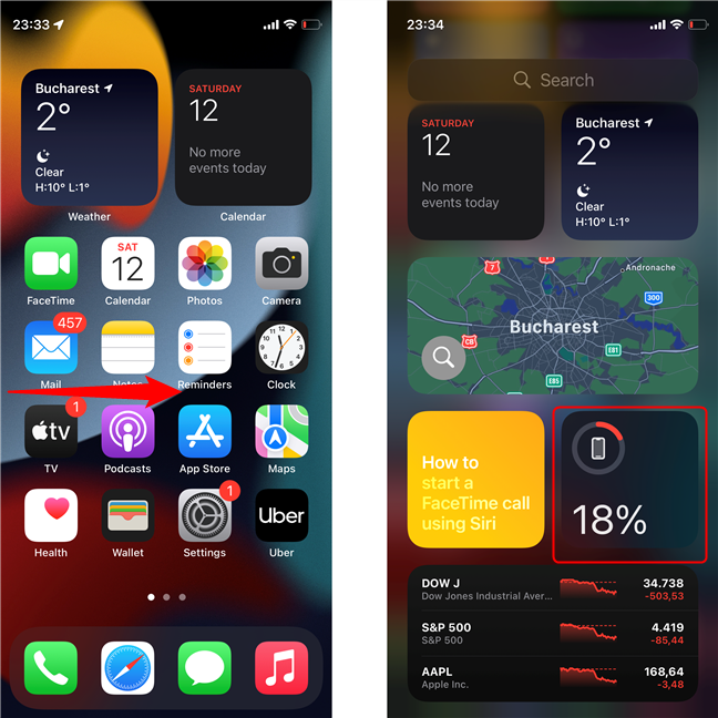Swipe right to get to the Widgets page and locate the Battery widget