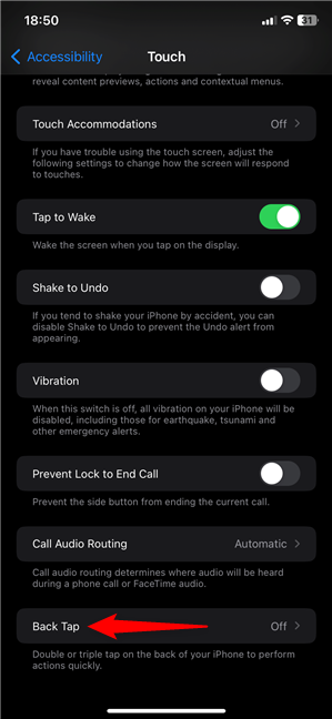 Access the Back Tap settings