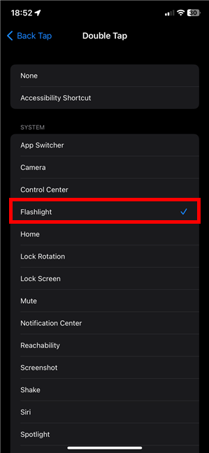 Select Flashlight to finish configuring Back Tap