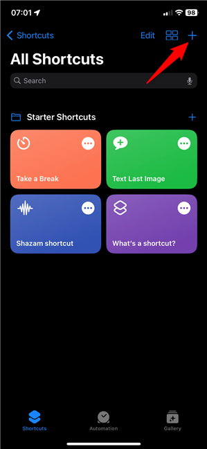 Start creating a new shortcut