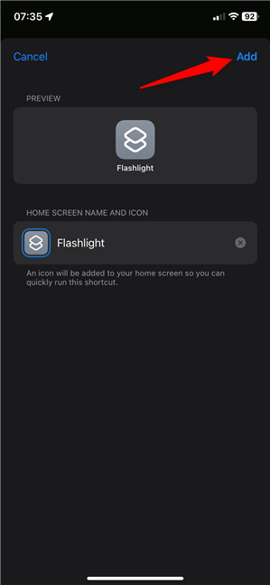 Add your flashlight shortcut to the Home screen