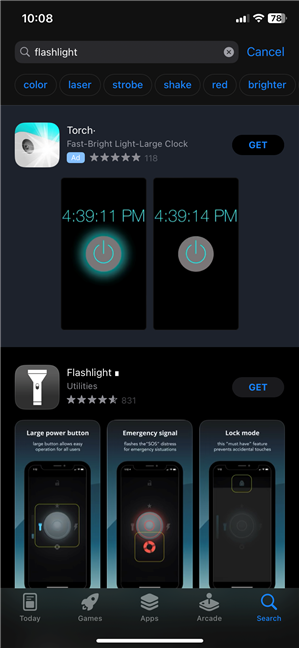 Flashlight apps in the App Store