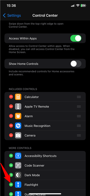 Add the iPhone Flashlight button to the Control Center