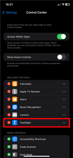 The iPhone Flashlight is available in the Control Center