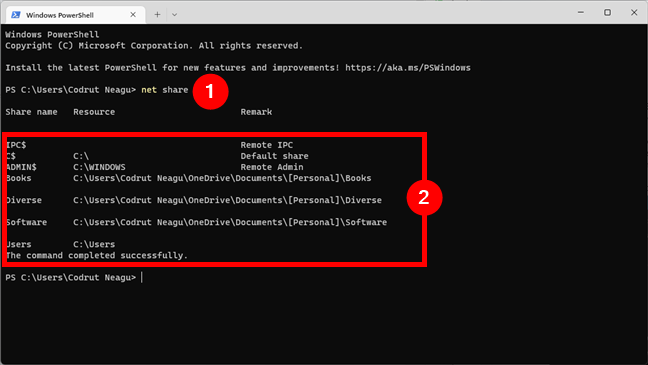 The net share command displays the list of shared folders