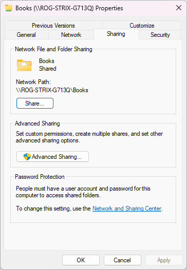 Sharing settings and permissions for a folder