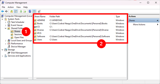 The shared folders can be seen in the Shares section of the Computer Management