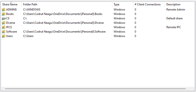 Shared folders are listed with their share name, folder path, type, etc.