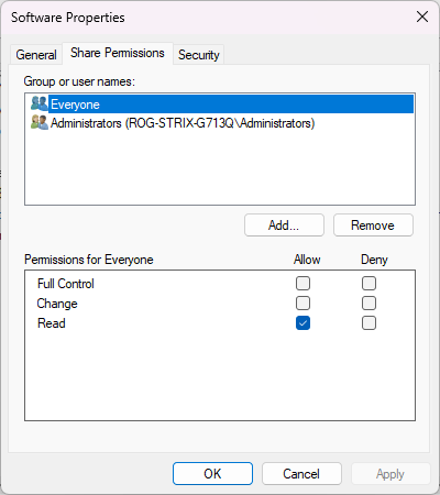 The Share Permissions of a Windows shared folder