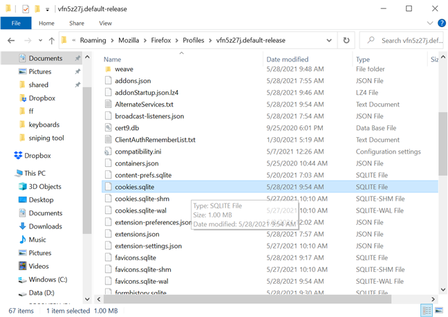 The Firefox cookies location in Windows 10