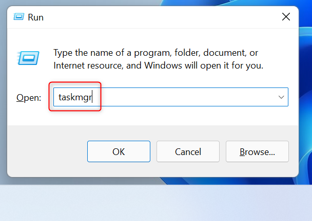 Running the taskmgr command in the Run window