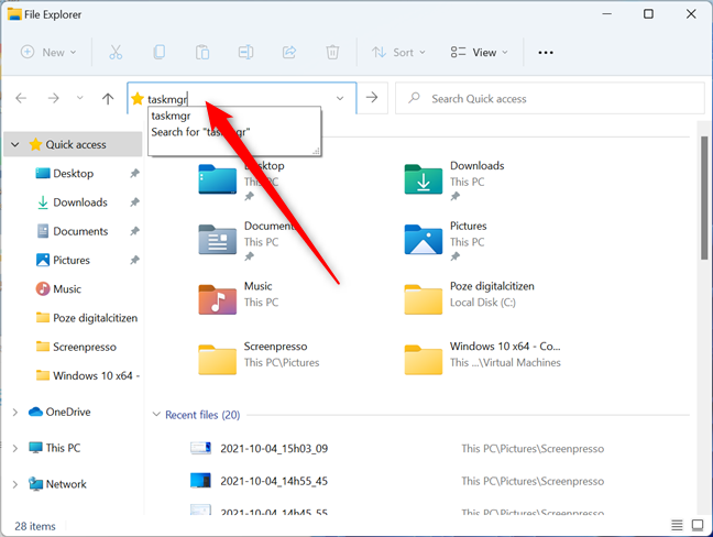 Running the taskmgr command in File Explorer