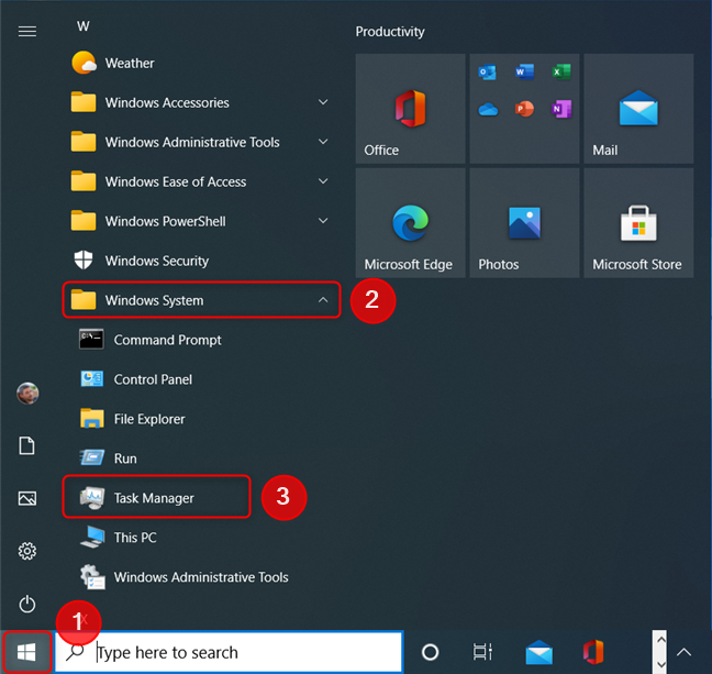 The Task Manager shortcut from the Windows 10 Start Menu