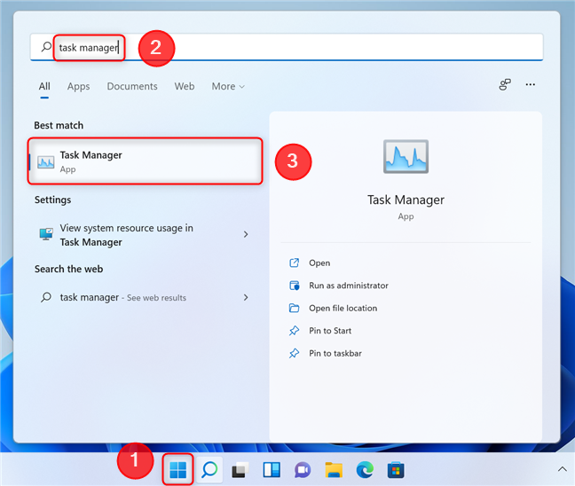 Using search in the Start menu to open Task Manager