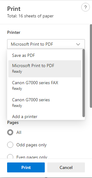 Choose Microsoft Print to PDF as the printer