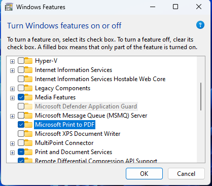 Install Microsoft Print to PDF from Windows Features