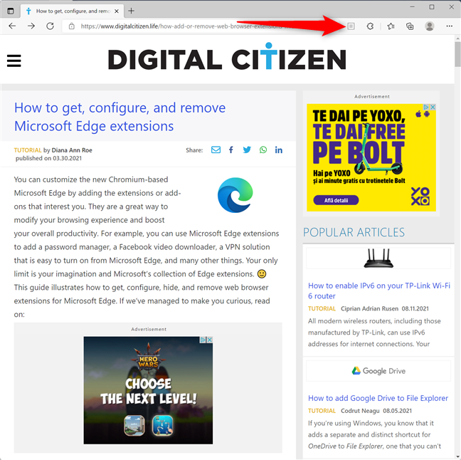 Press the Reader View button in Edge