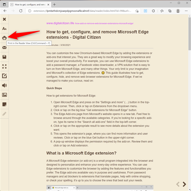How to print an article without ads in Microsoft Edge
