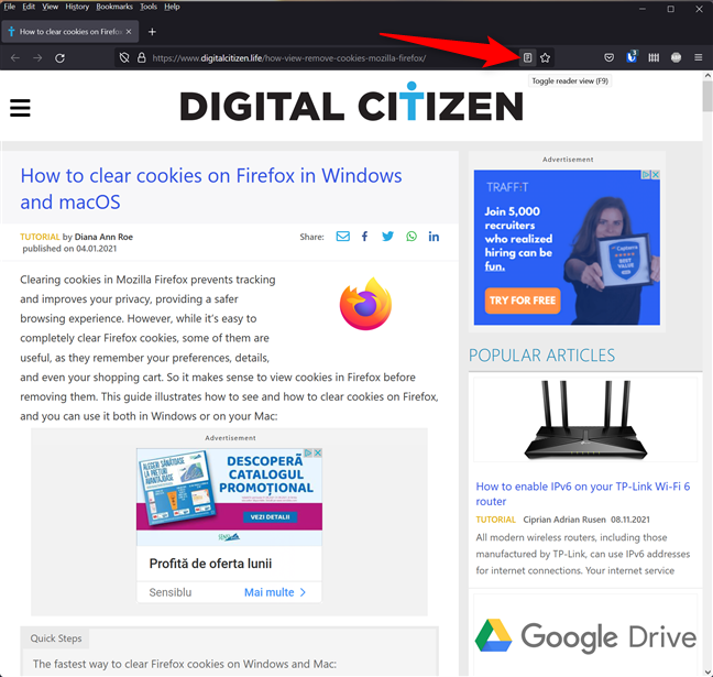 Toggle reader view in Mozilla Firefox