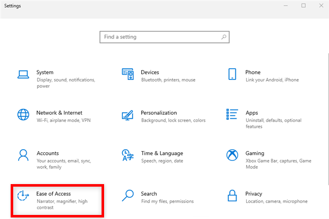 Go to Ease of Access in the Windows 10 Settings