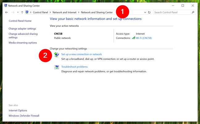 Set up a new connection or network in the Control Panel