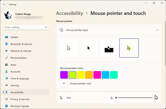 Adjust the mouse pointer style, size, and color