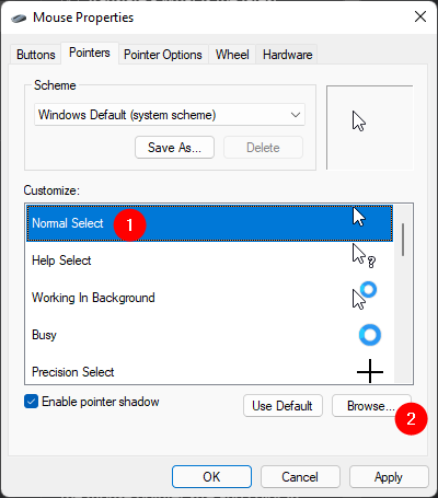 Select a mouse cursor and press Browse to replace it